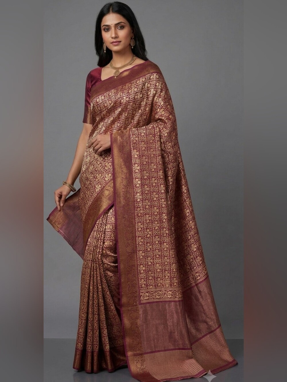Pure Mageshwari Silk Cotton Saree Wine/burgandy/ Zari Handloom Mint Condition